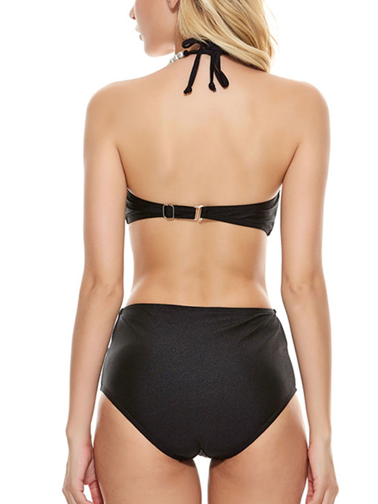 Black 1960s Shell Pearl Halter Bikini Set - vintage fashion, retro style, classic black