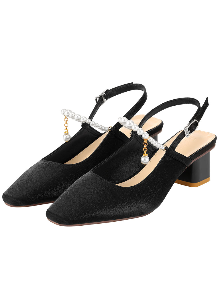 Black Velvet Satin Pearl Chunky Heel Shoes, vintage shoes, retro heels - perfect for women who love vintage and retro fashion