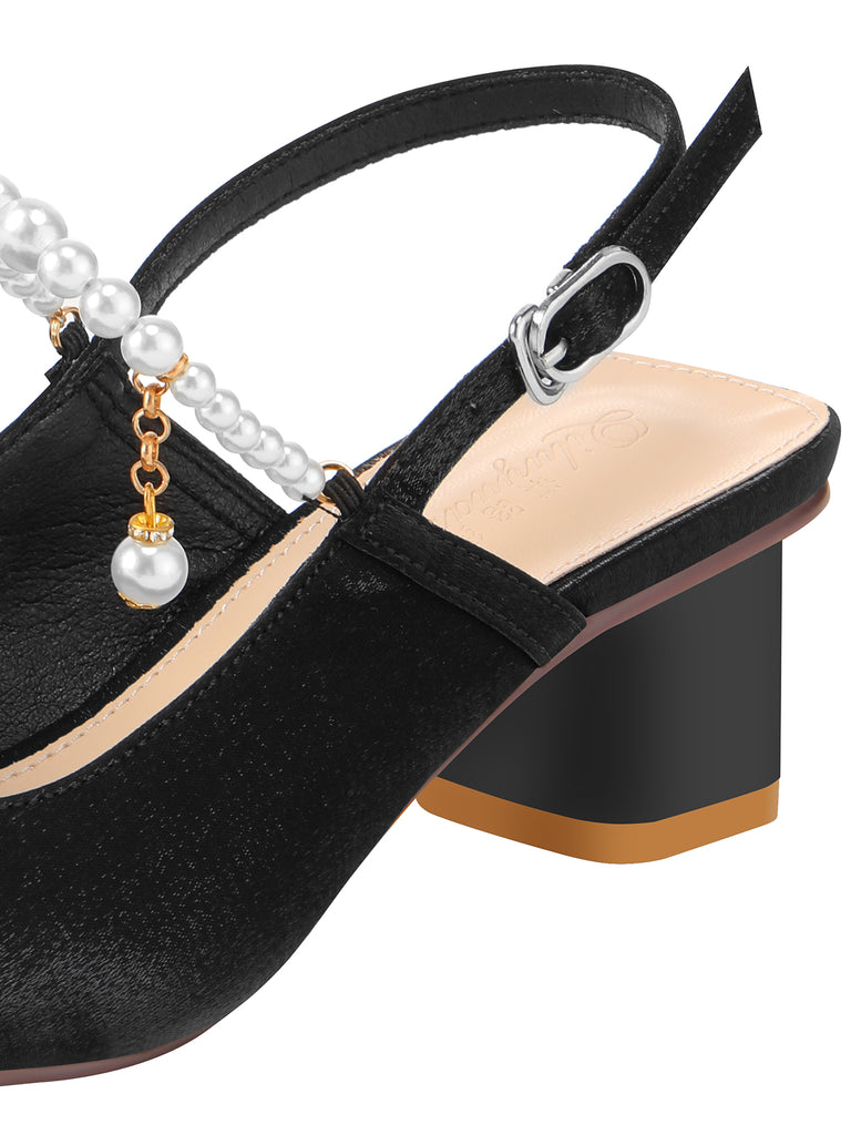 Black Velvet Satin Pearl Chunky Heel Shoes, vintage shoes, retro heels - perfect for women who love vintage and retro fashion