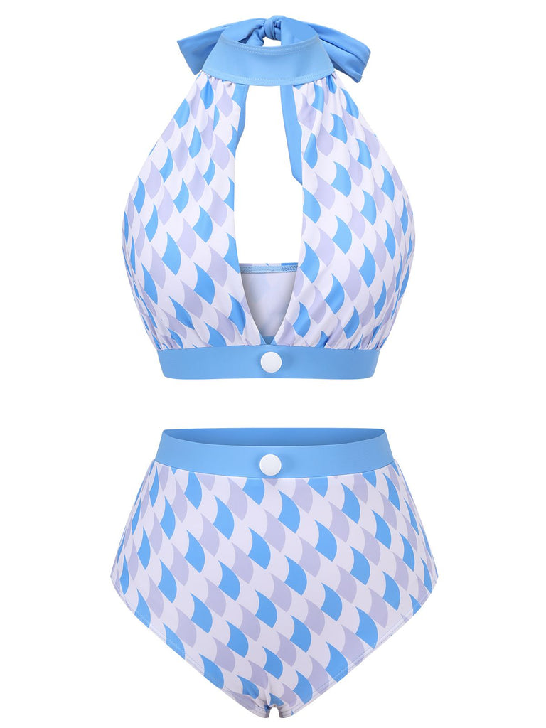 Blue 1940s Hole Collar Halter Swimsuit, vintage swimsuit, pin-up swimwear - perfect for women who love vintage and retro fashion
