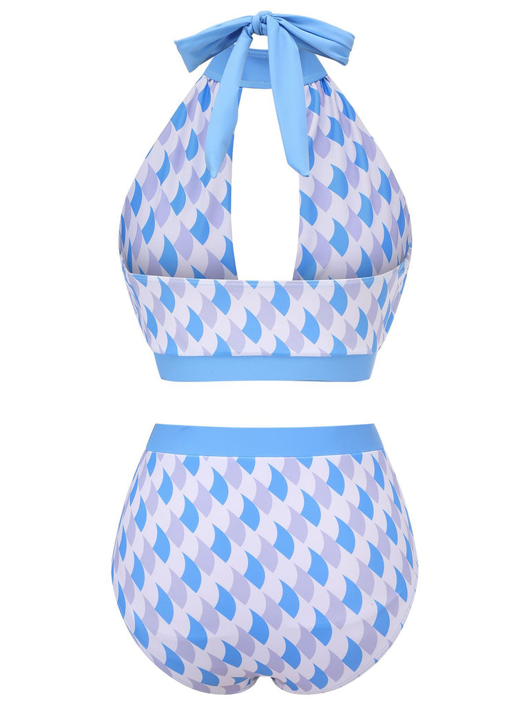 Blue 1940s Hole Collar Halter Swimsuit, vintage swimsuit, pin-up swimwear - perfect for women who love vintage and retro fashion