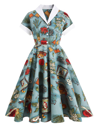 Blue 1950s Button Comics Swing Dress: timeless style reimagined