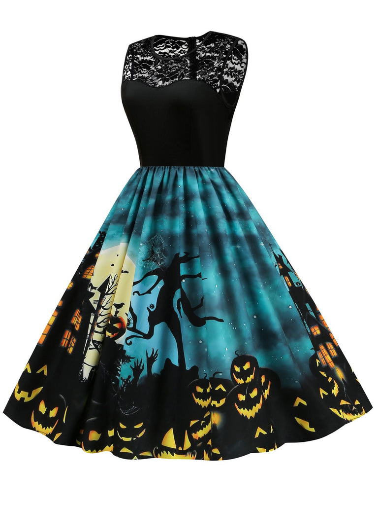 Blue 1950s Halloween Lace Patchwork Dress: timeless style reimagined