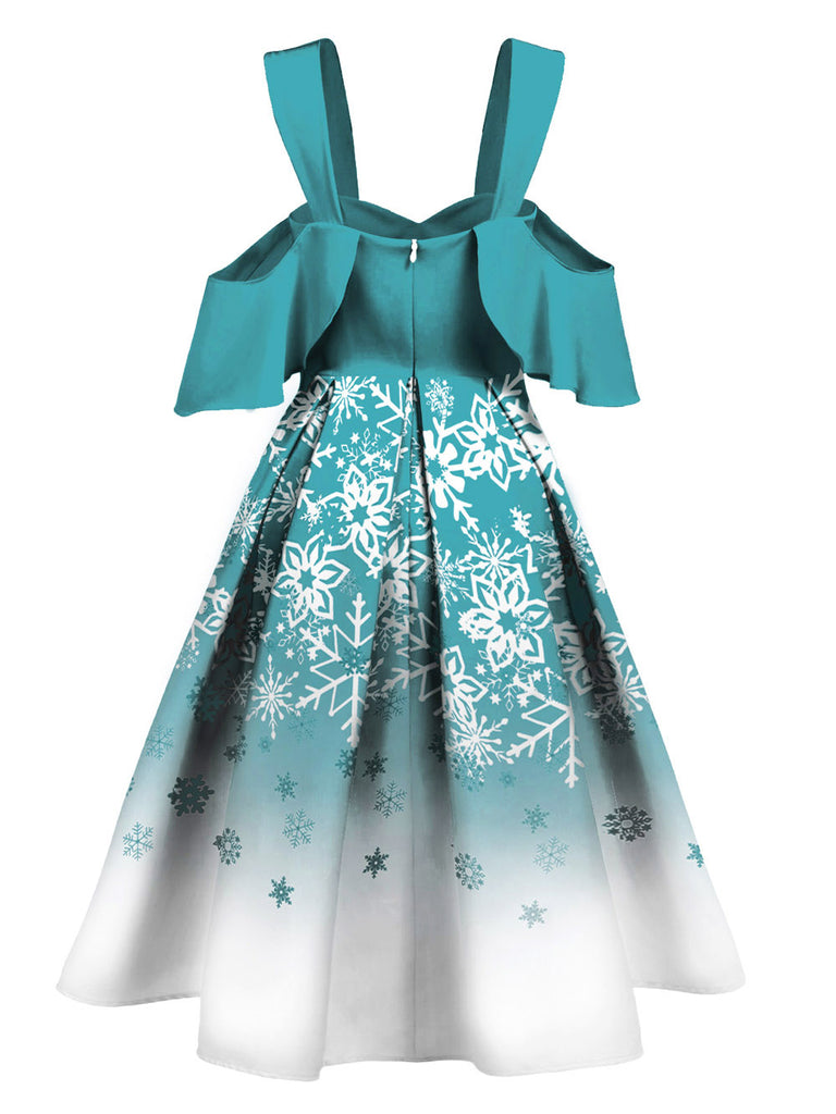 Blue 1950s Off Shoulder Snowflake Dress: timeless style reimagined