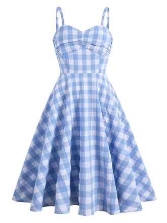 Blue 1950s Spaghetti Strap Plaid Dress: timeless style reimagined