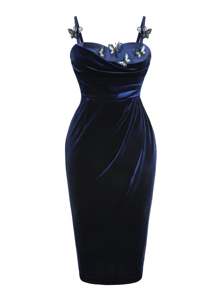 Blue 1960s 3D Butterfly Velvet Pencil Dress, vintage dress, retro fashion - perfect for women who love vintage and retro fashion
