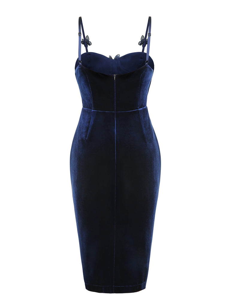 Blue 1960s 3D Butterfly Velvet Pencil Dress — vintage elegance for the modern woman