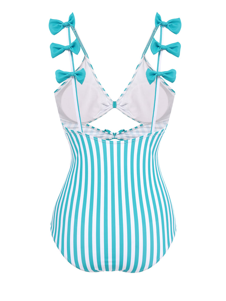 Blue 1960s Stripe Strap Bow One-Piece Swimsuit: timeless style reimagined