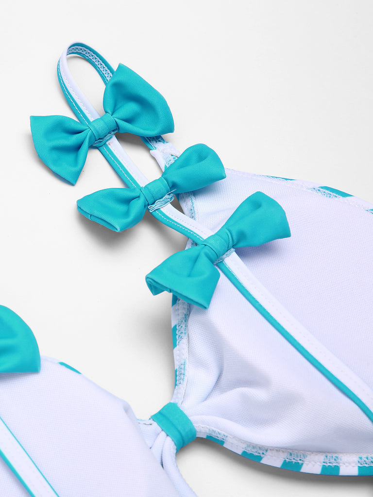 Blue 1960s Stripe Strap Bow One-Piece Swimsuit: timeless style reimagined