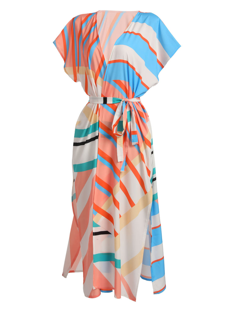 Bohemian Kimono Stripe Lace-Up Cover Up - vintage fashion, retro style
