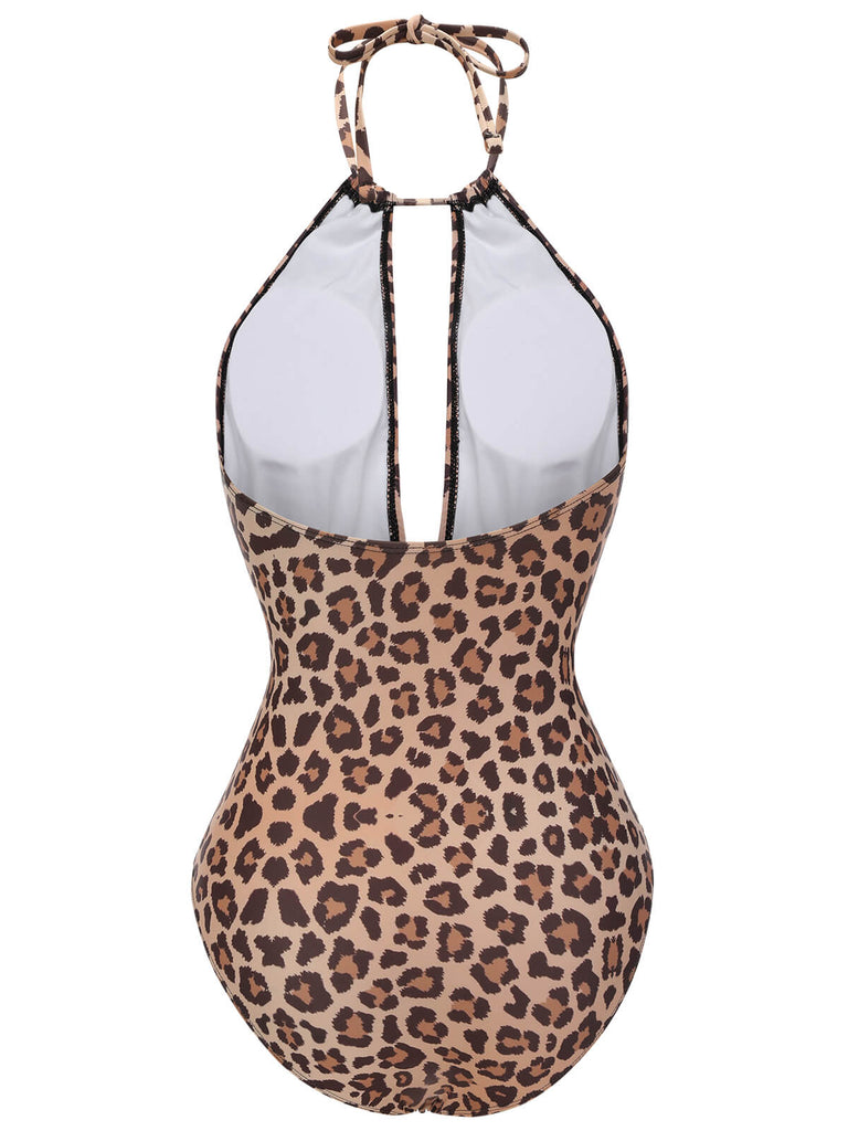 Brown 1930s Leopard V-Neck Halter Swimsuit, vintage swimsuit, pin-up swimwear - perfect for women who love vintage and retro fashion