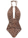 Brown 1930s Leopard V-Neck Halter Swimsuit, vintage swimsuit, pin-up swimwear - perfect for women who love vintage and retro fashion