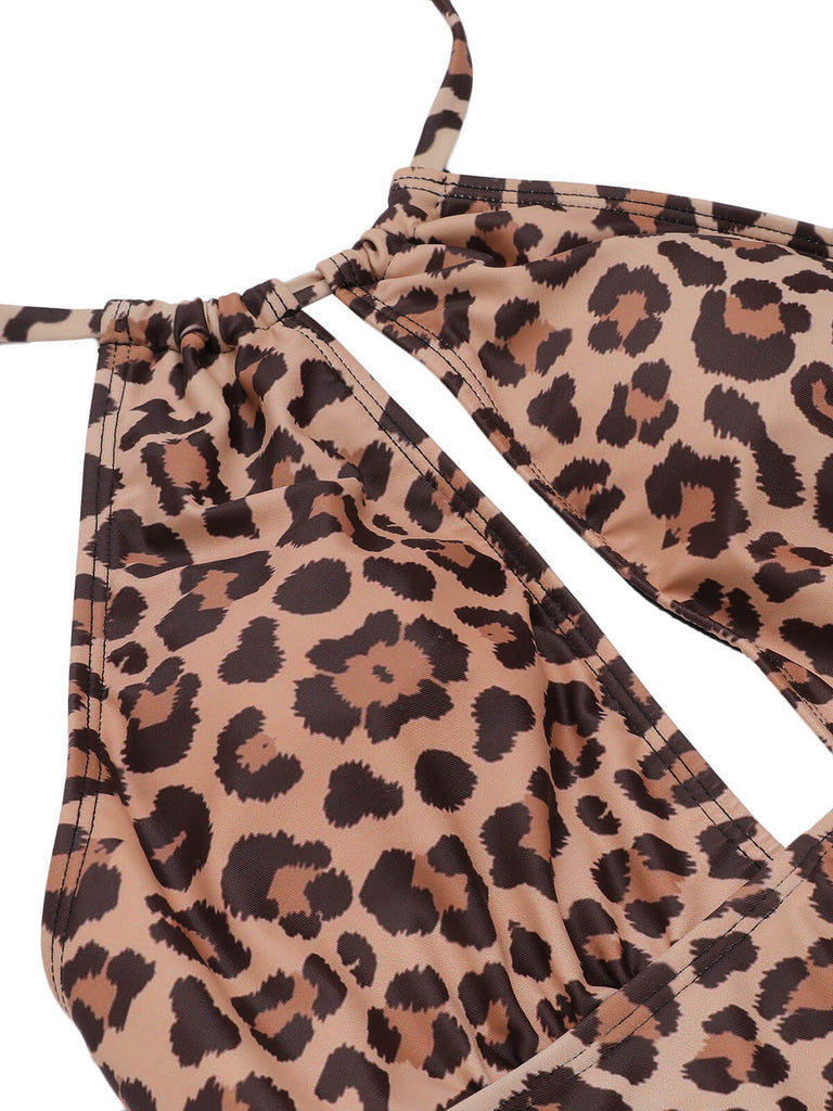 Brown 1930s Leopard V-Neck Halter Swimsuit, vintage swimsuit, pin-up swimwear - perfect for women who love vintage and retro fashion