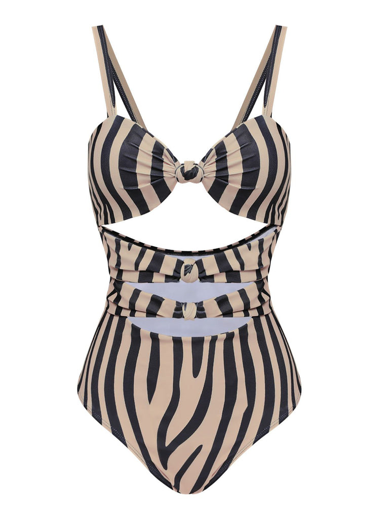 Brown Zebra Print Cutout One-Piece Swimsuit — vintage elegance for the modern woman