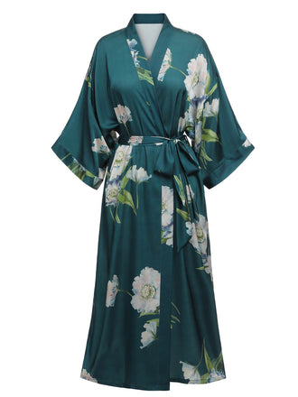 Dark Green 1950s Floral Satin Robe - vintage fashion, retro style