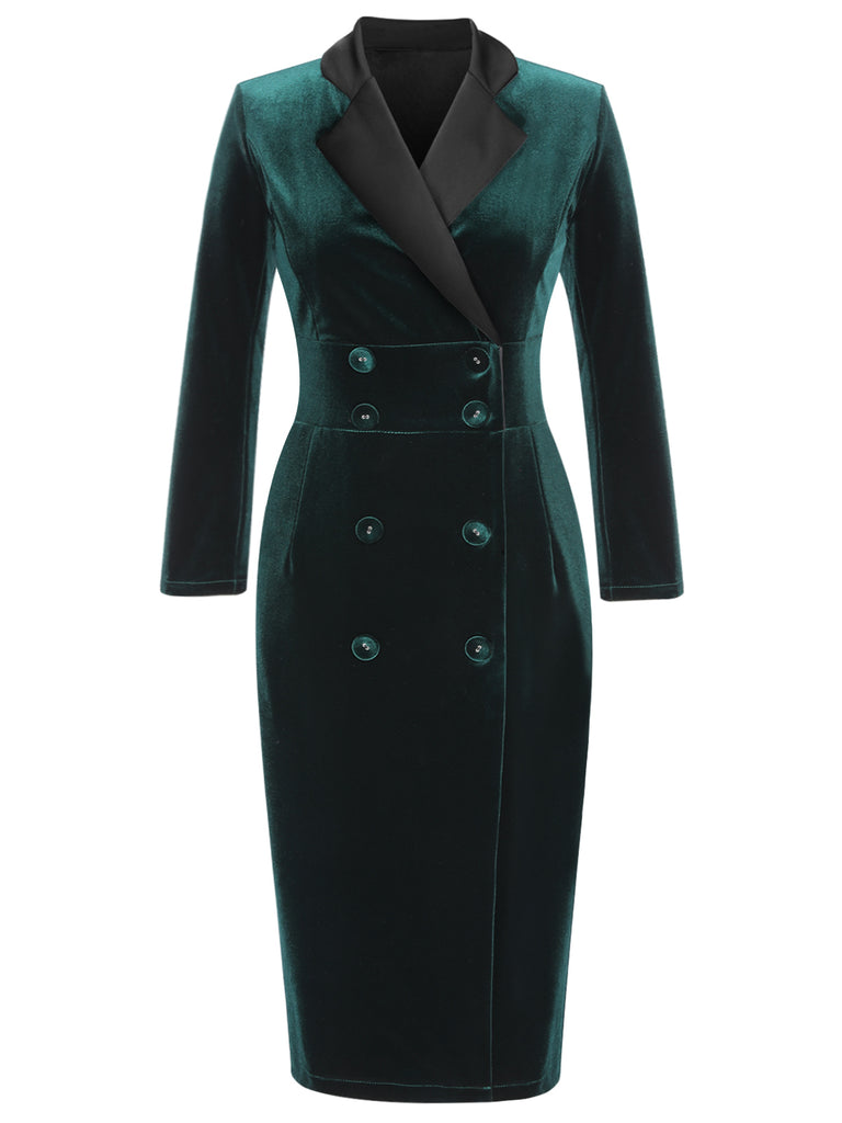 Dark Green 1960s Lapel Button Velvet Dress: timeless style reimagined