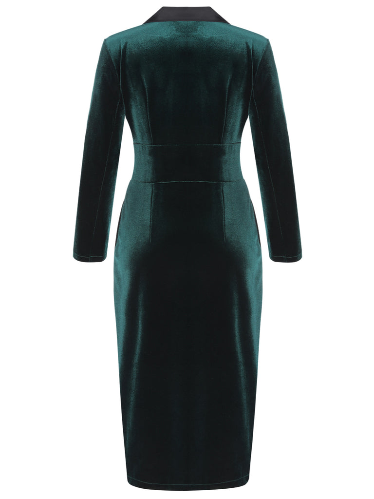 Dark Green 1960s Lapel Button Velvet Dress — vintage elegance for the modern woman