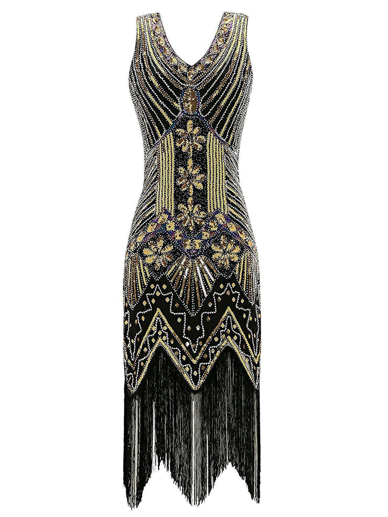 She wears Gold 1920s Sequined Flapper Dress with vintage grace