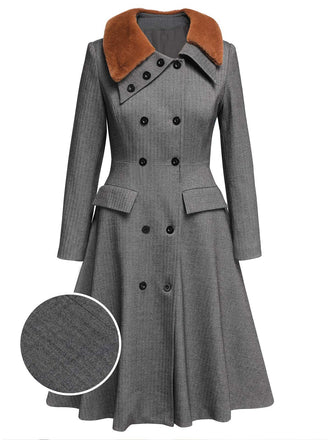 Gray 1930s Faux Fur Lapel Collar Coat - vintage fashion, retro style