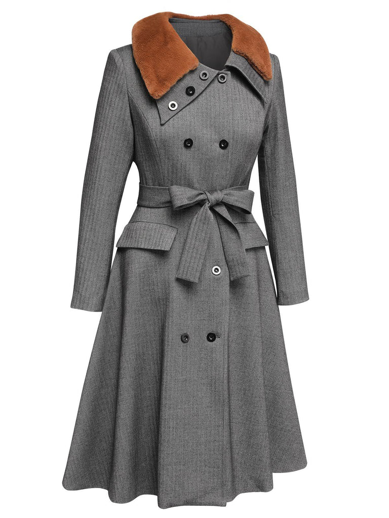 Gray 1930s Faux Fur Lapel Collar Coat - vintage fashion, retro style