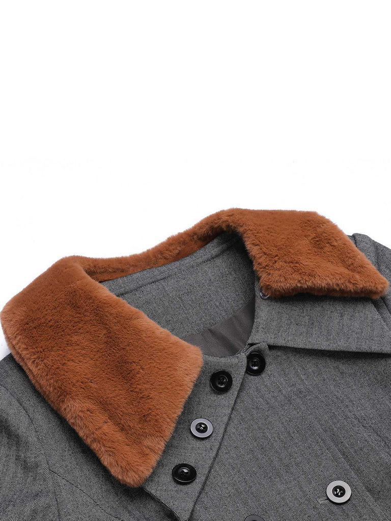 Gray 1930s Faux Fur Lapel Collar Coat - vintage fashion, retro style