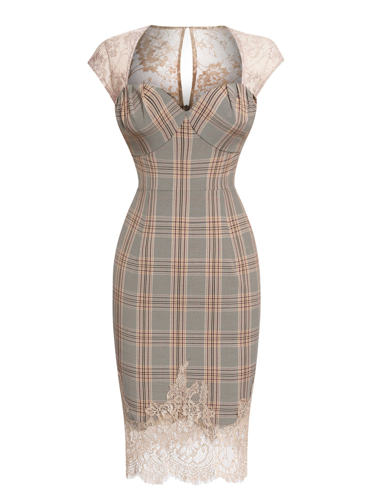 Gray 1960s Plaid Lace Pencil Dress — vintage elegance for the modern woman