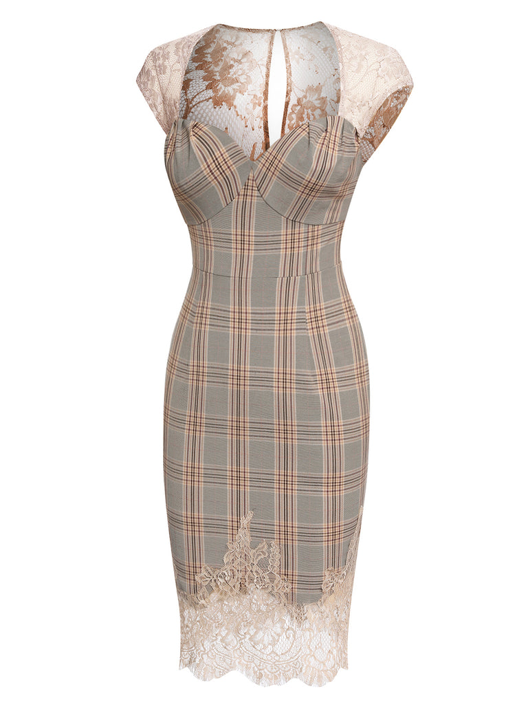 Gray 1960s Plaid Lace Pencil Dress: timeless style reimagined