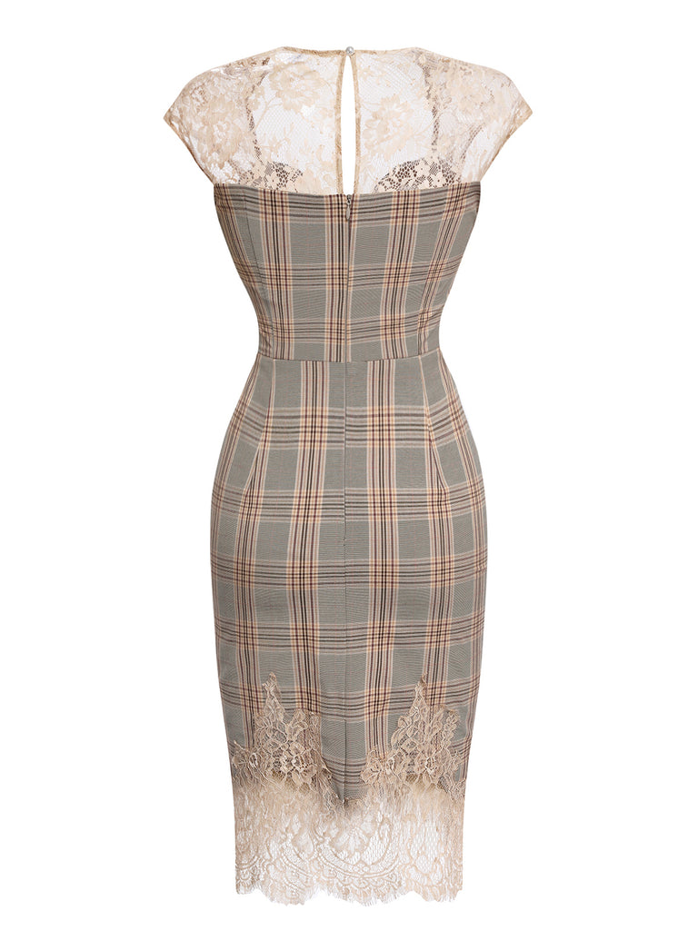 Gray 1960s Plaid Lace Pencil Dress — vintage elegance for the modern woman