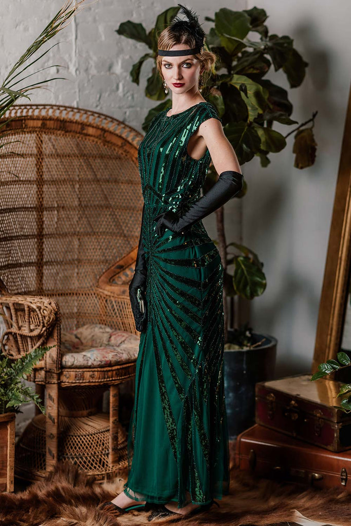 Green 1920s Sequin Art Deco Maxi Dress: timeless style reimagined