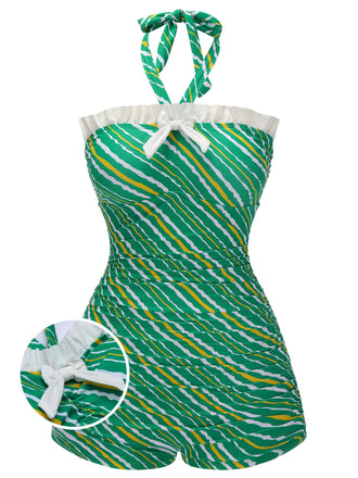 Green 1930s Stripe Off-Shoulder Halter Swimsuit, vintage swimsuit, pin-up swimwear - perfect for women who love vintage and retro fashion