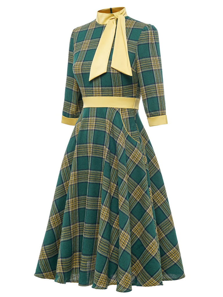 Green 1950s Bowknot Tie Plaid Dress — vintage elegance for the modern woman