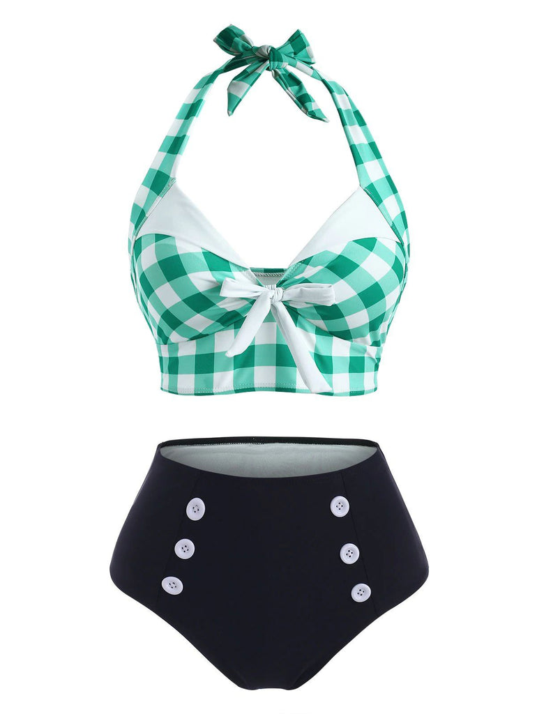 Green 1950s Checked Halter Bowknot Bikini Set - vintage fashion, retro style