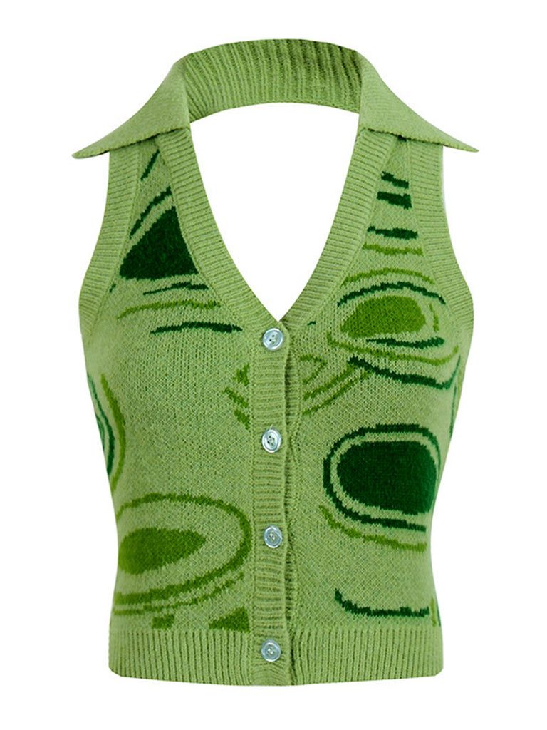 Green 1950s Knitting Halter Button Tops - vintage fashion, retro style