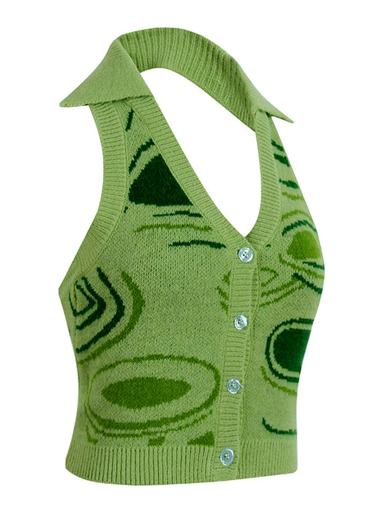 Green 1950s Knitting Halter Button Tops - vintage fashion, retro style