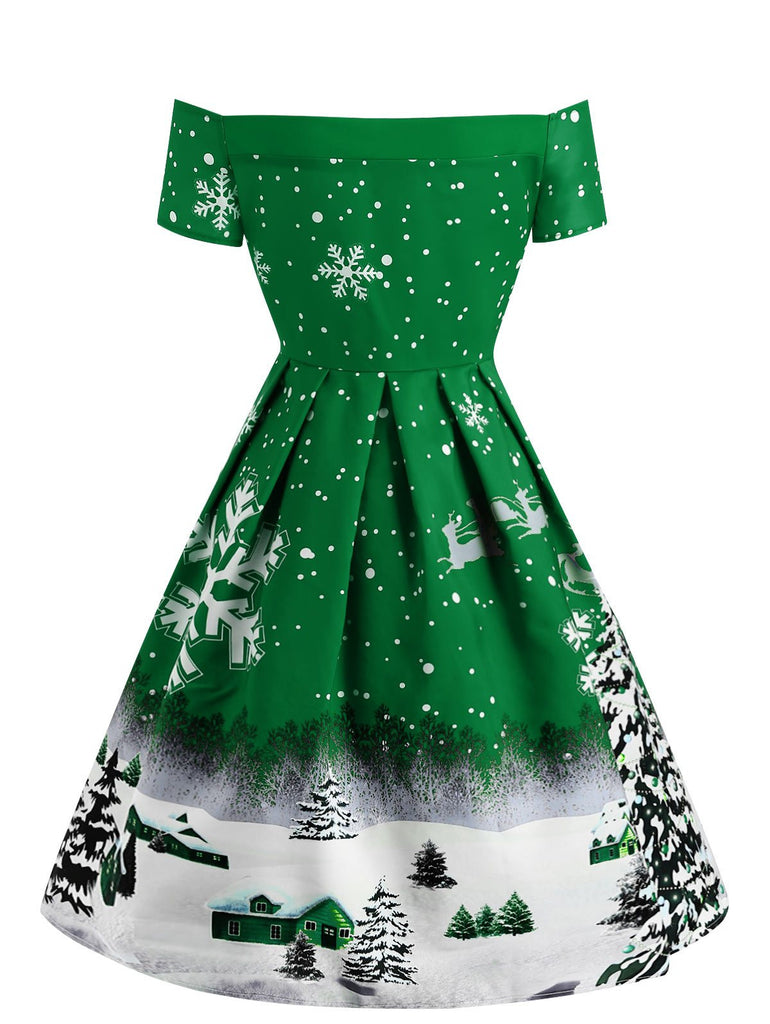 Green 1950s Snowfall Off Shoulder Dress — vintage elegance for the modern woman