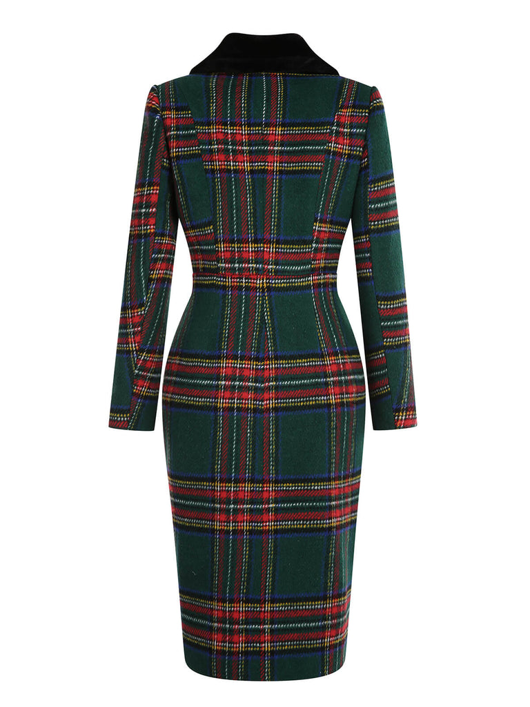 Green 1960s Plaid Fur Collar Pencil Coat - vintage fashion, retro style