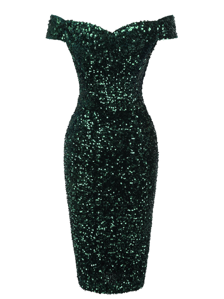 Green 1960s Sequins Off-Shoulder Pencil Dress, vintage dress, retro fashion - perfect for women who love vintage and retro fashion
