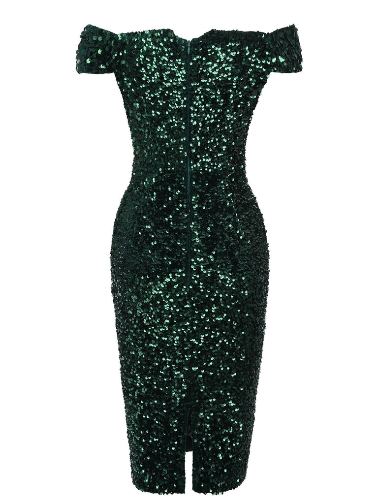 Green 1960s Sequins Off-Shoulder Pencil Dress, vintage dress, retro fashion - perfect for women who love vintage and retro fashion