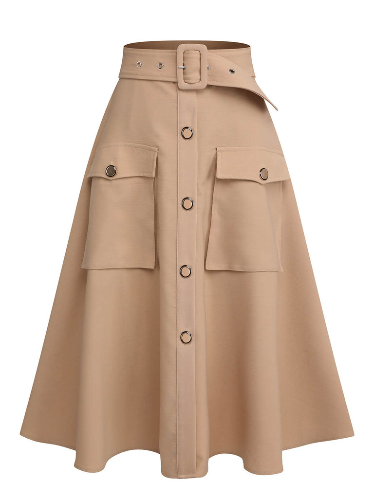 Khaki 1950s Big Pockets Button Skirt: timeless style reimagined