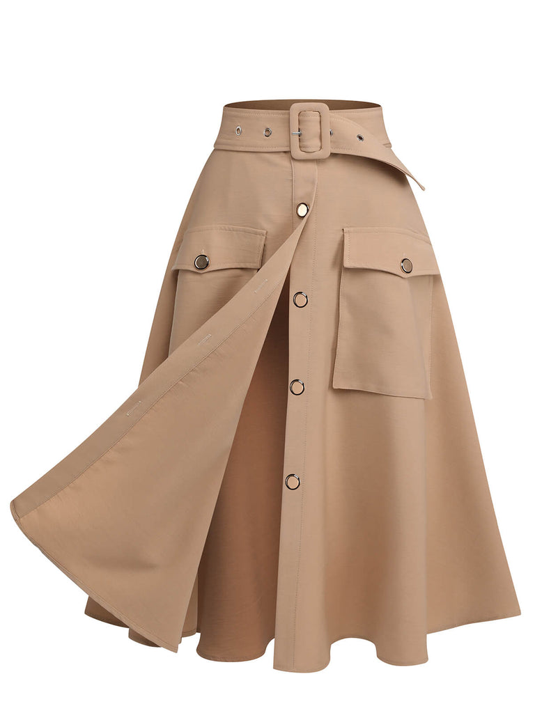 Khaki 1950s Big Pockets Button Skirt — vintage elegance for the modern woman