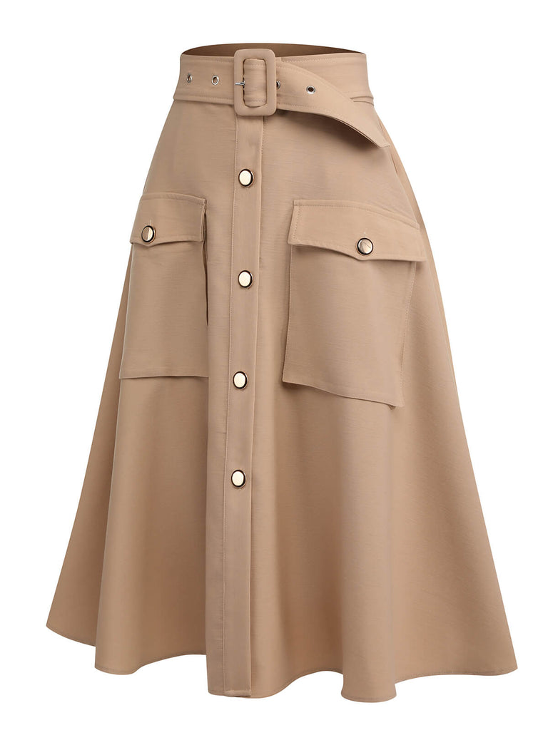 Khaki 1950s Big Pockets Button Skirt — vintage elegance for the modern woman