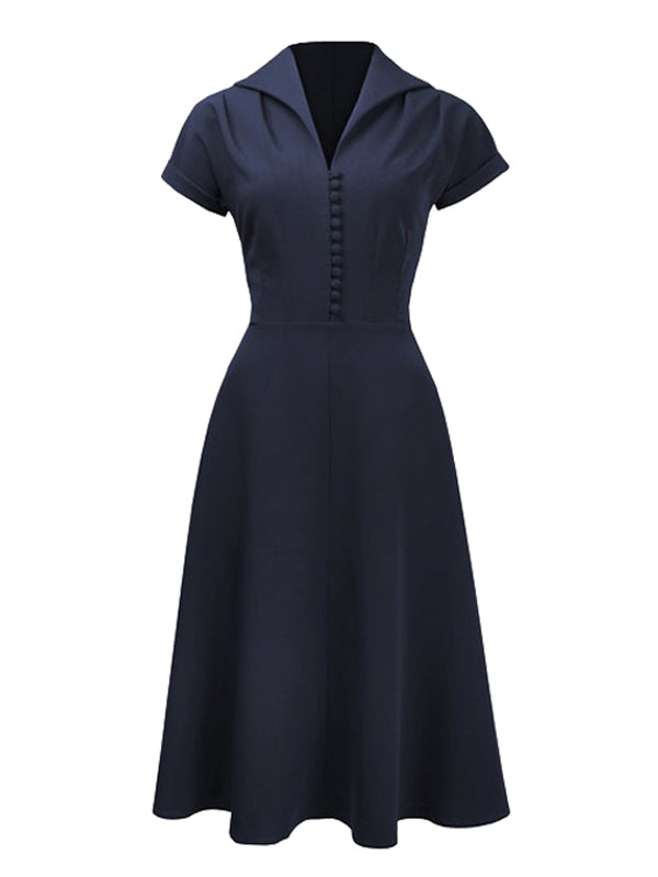 Navy 1940s Button Tea Dress, classic 1940s style elegant retro fashion - Image 1