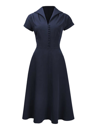 Navy 1940s Button Tea Dress, classic 1940s style elegant retro fashion - Image 1