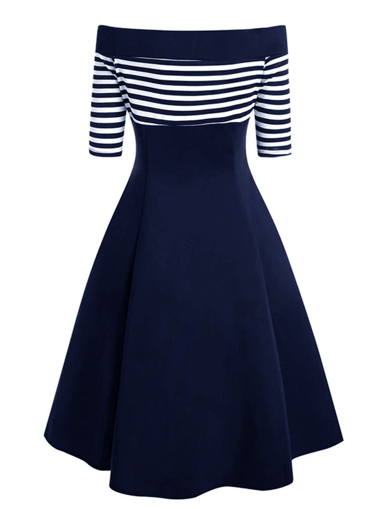 Navy 1950s Off Shoulder Swing Dress, classic 1950s style elegant retro fashion - Image 2