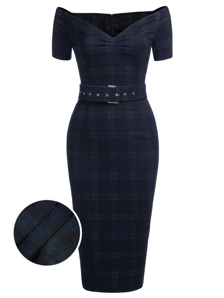 Navy 1960s Plaids Bodycon Dress, classic 1960s style elegant retro fashion - Image 1