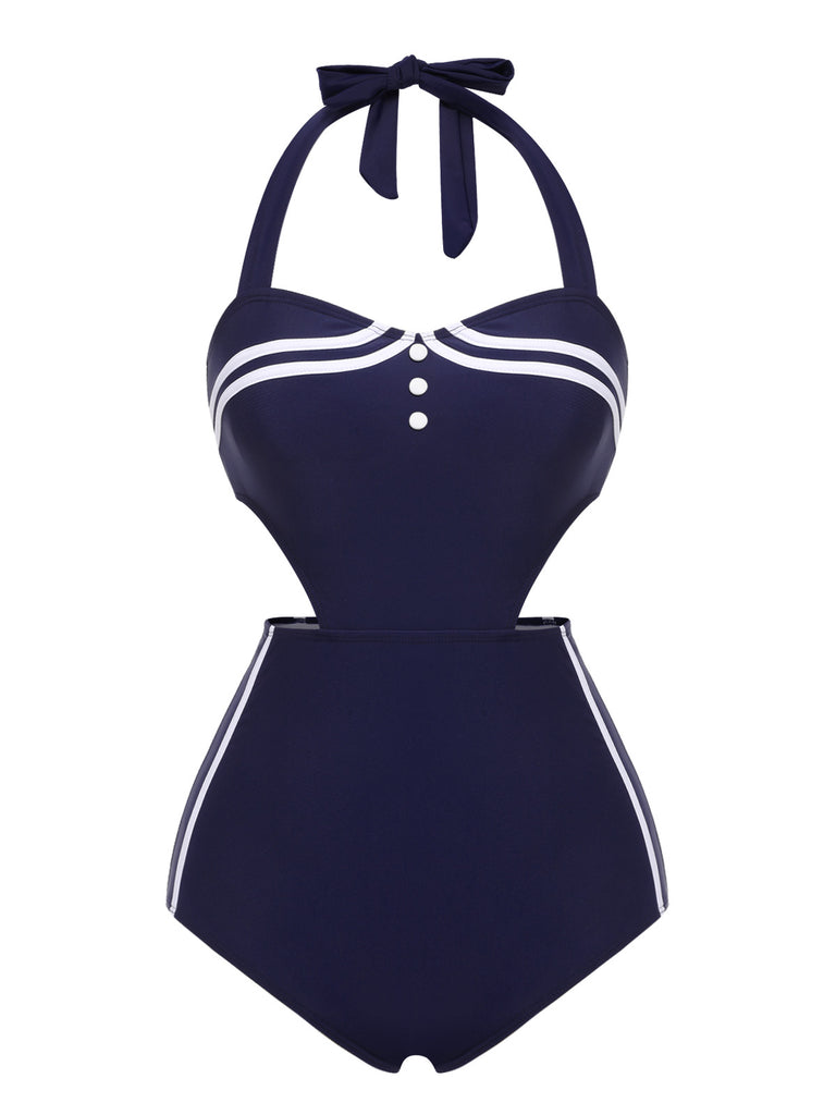 Navy Blue 1930s Halter One-piece Swimsuit — vintage elegance for the modern woman