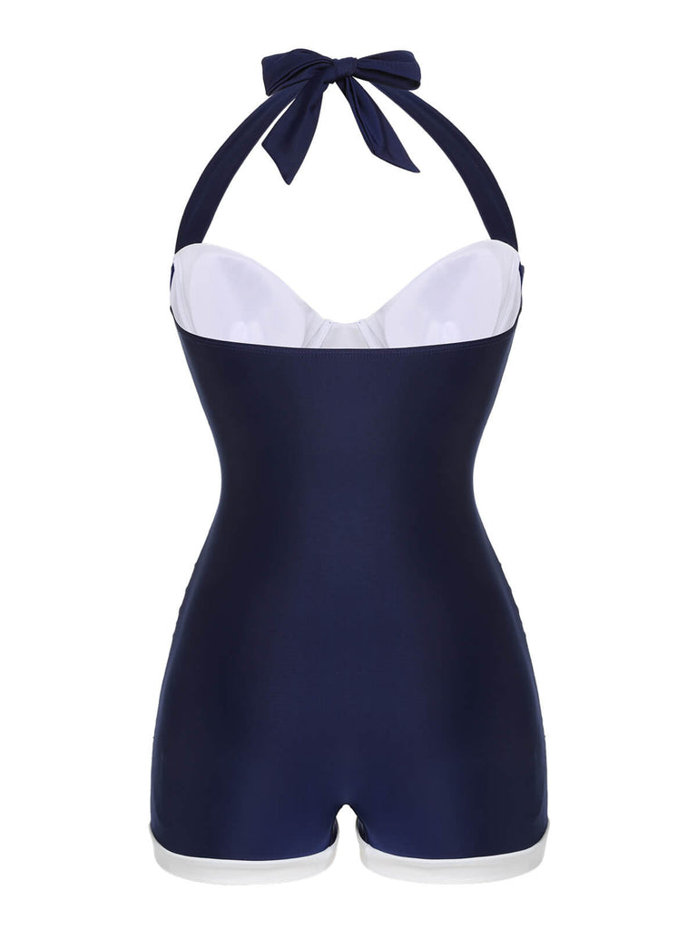 Navy Blue 1950s Pleated Halter Swimsuit, vintage swimsuit, pin-up swimwear - perfect for women who love vintage and retro fashion