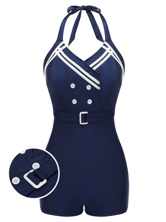 Navy Blue 1950s Solid Belt Button Halter Swimsuit, vintage swimsuit, pin-up swimwear - perfect for women who love vintage and retro fashion