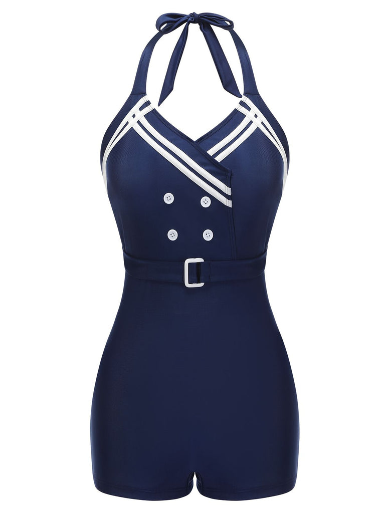Navy Blue 1950s Solid Belt Button Halter Swimsuit, vintage swimsuit, pin-up swimwear - perfect for women who love vintage and retro fashion