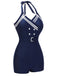 Navy Blue 1950s Solid Belt Button Halter Swimsuit, vintage swimsuit, pin-up swimwear - perfect for women who love vintage and retro fashion